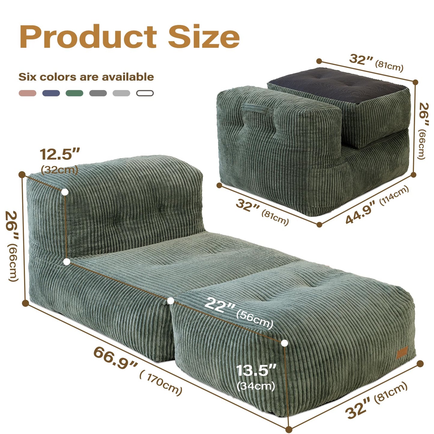 UODERS Big Bean Bag Chair for Adults, 66.9"x31.5" Lounger Large Bean Bag Sofa, Memory Foam Filled Beanbag Chair for Living Room, Bedroom, Balcony - Ergonomic Support & Premium Comfort (Green)