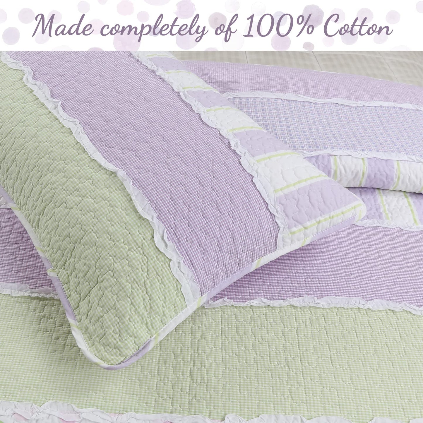 Cozy Line Home Fashions Lavender Green Stripe Dots Girl 100% Cotton Reversible Quilt Bedding Set, All-Season Coverlet Bedspread (Purple Dots, Queen - 3 Piece)