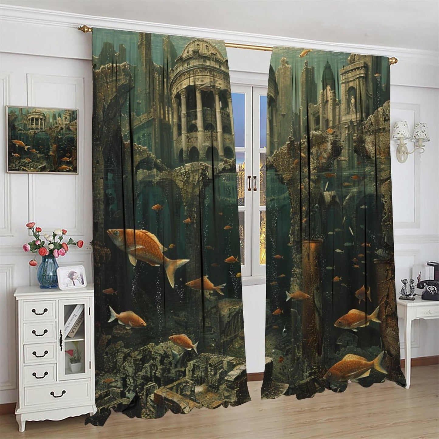 TOWINSFB Ocean Fish Retro Building Blackout Curtains, Underwater Fish Ancient Castle Home Decor Rod Pocket Window Drapes for Living Room Bedroom - 42" W x 45" L