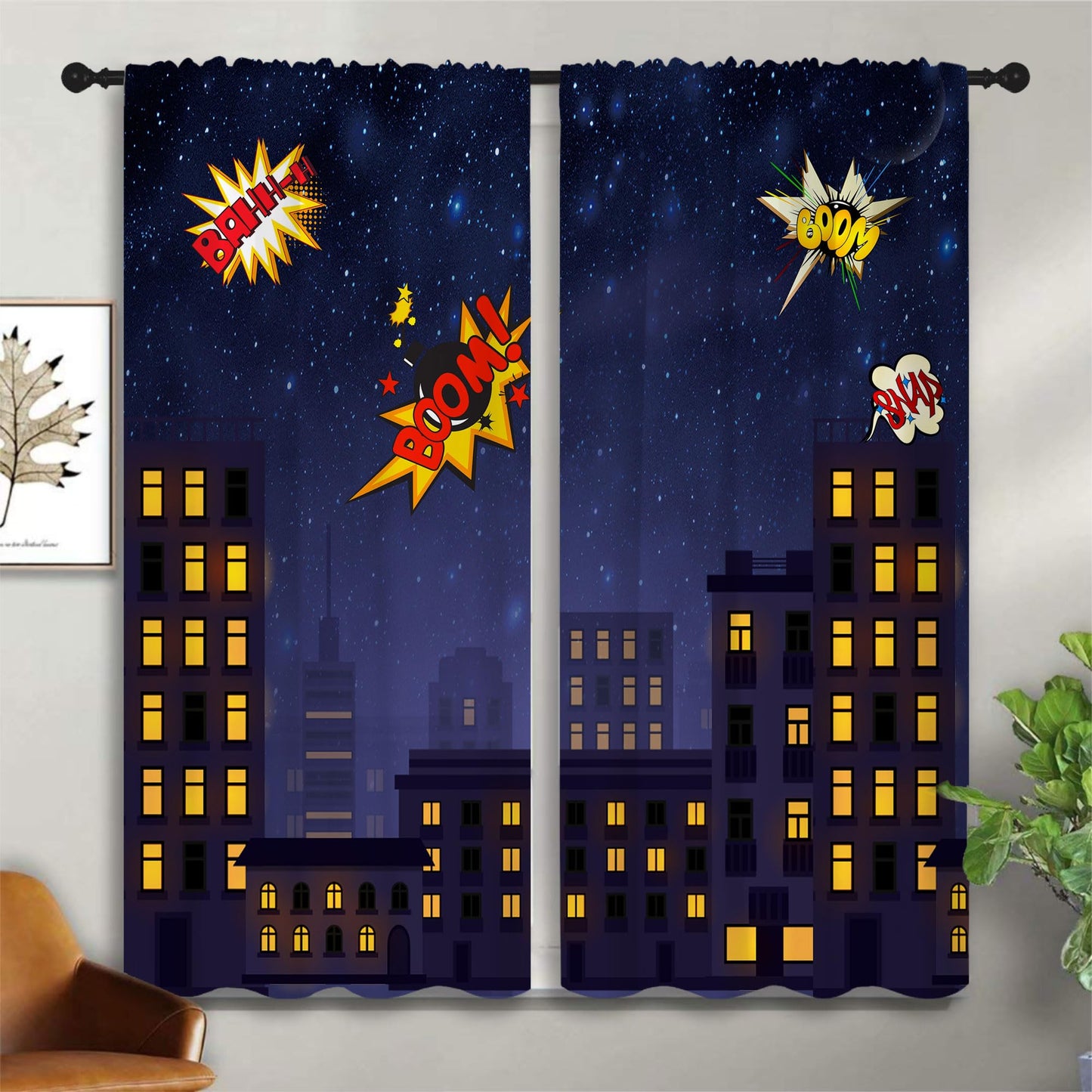 PYMATYTN Super Hero Rod Pocket Blackout Curtains for Boy Girl Bedroom, Exploding City Starry Cartoon Skyline Thermal Insulated Home Window Drapes for Living Room Darkening, 42x45 inch