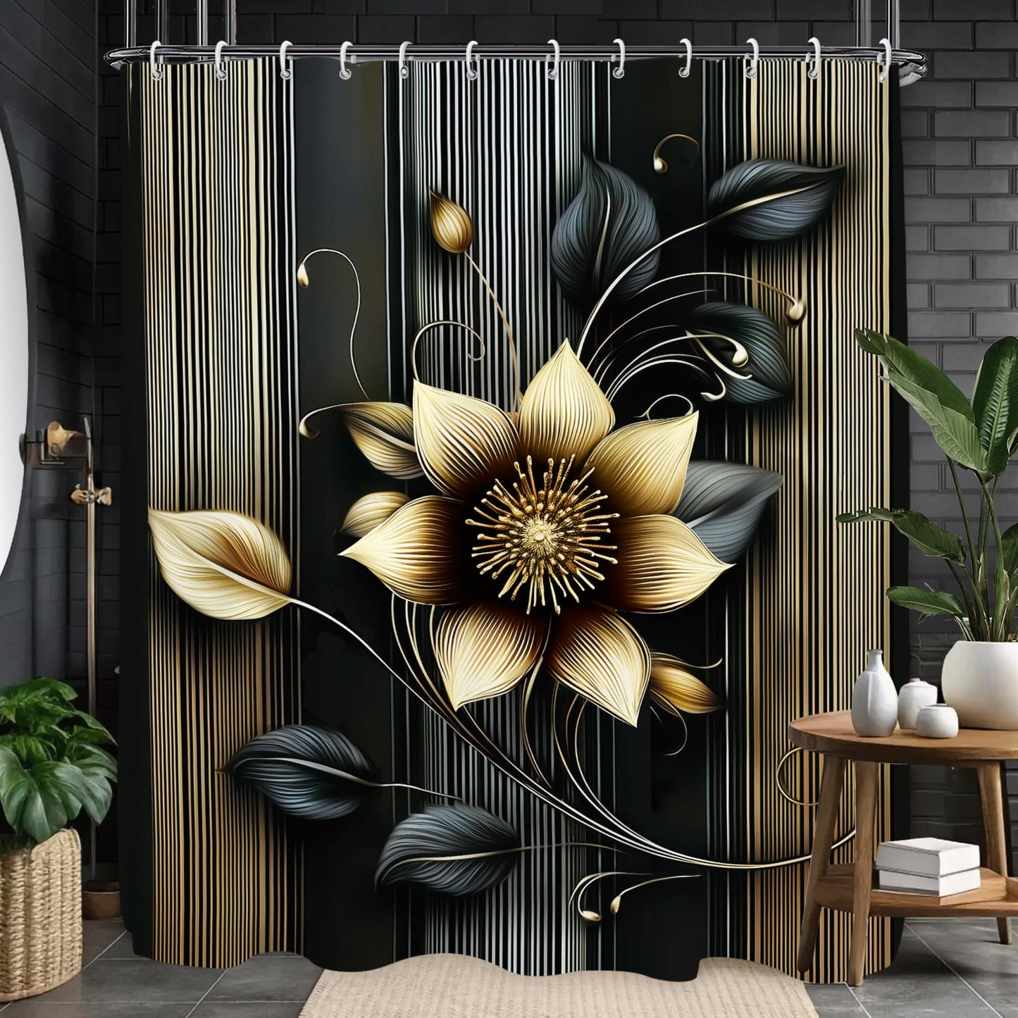 Glioown Black Golden Lotus Shower Curtain 60Wx71L, Flower Botanical Plant Shower Curtains for Bathroom Decor, Blossom Shower Curtain Set Home Decor 12 Pack Hooks