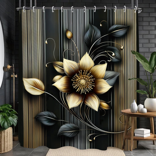 Glioown Black Golden Lotus Shower Curtain 60Wx71L, Flower Botanical Plant Shower Curtains for Bathroom Decor, Blossom Shower Curtain Set Home Decor 12 Pack Hooks