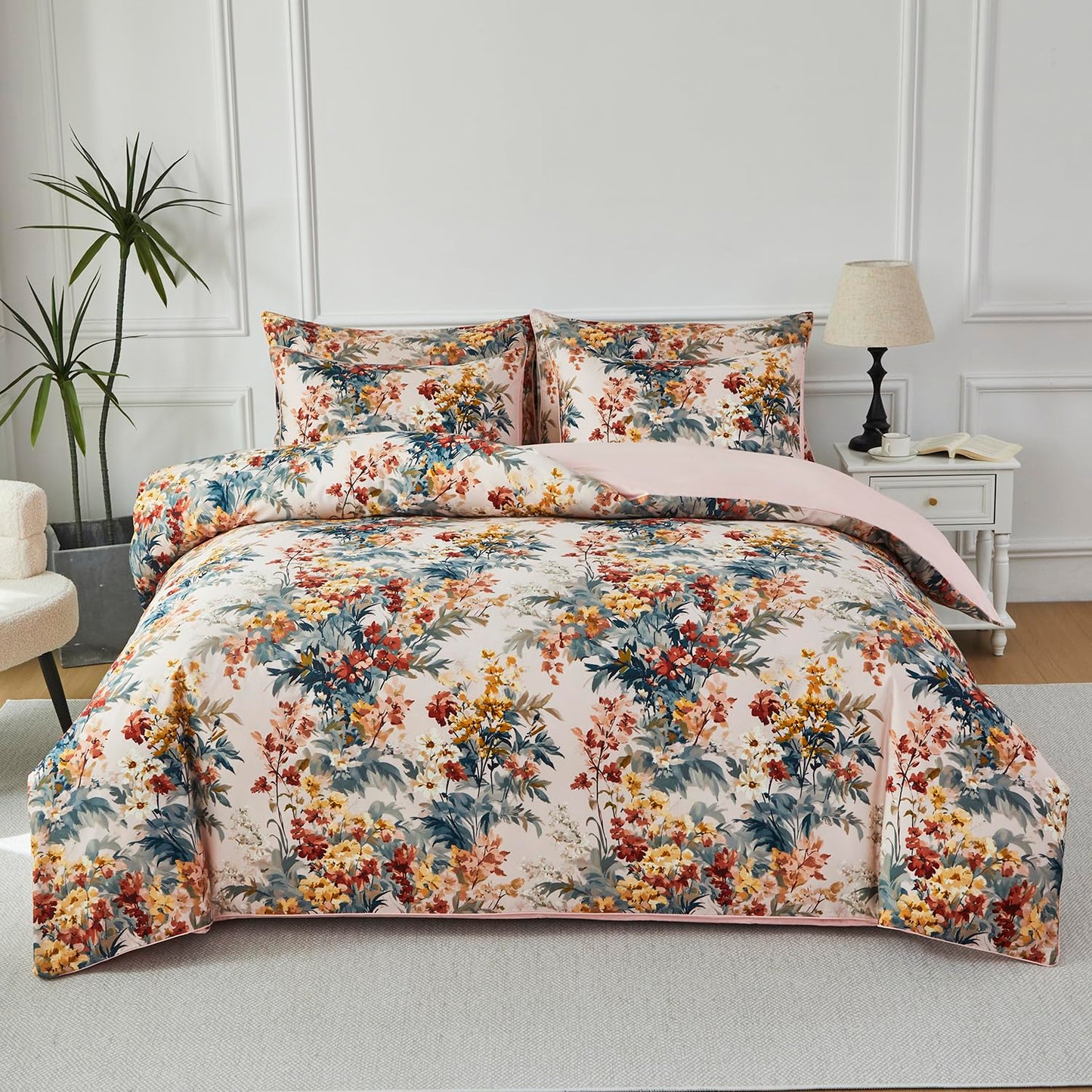 URBONUR Floral Duvet Cover Set Twin Size 3 Pieces 100% Cotton Silky Sateen Wildflowers Comforter Cover with 2 Pillowcases Soft & Breathable Bedding Sets