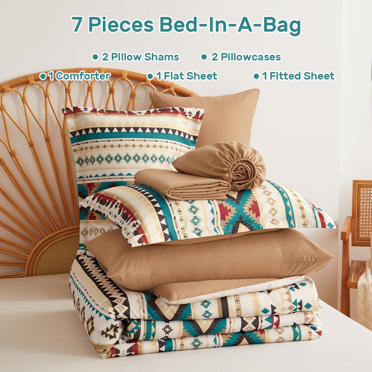 Dinjoy Queen Size Comforter Set Beige, 7 Pieces Boho Aztec Bed in a Bag Lightght Comforters Bedding Set with Sheets & Pillow Shams, Bohemian Geometric Striped Pattern All-Season