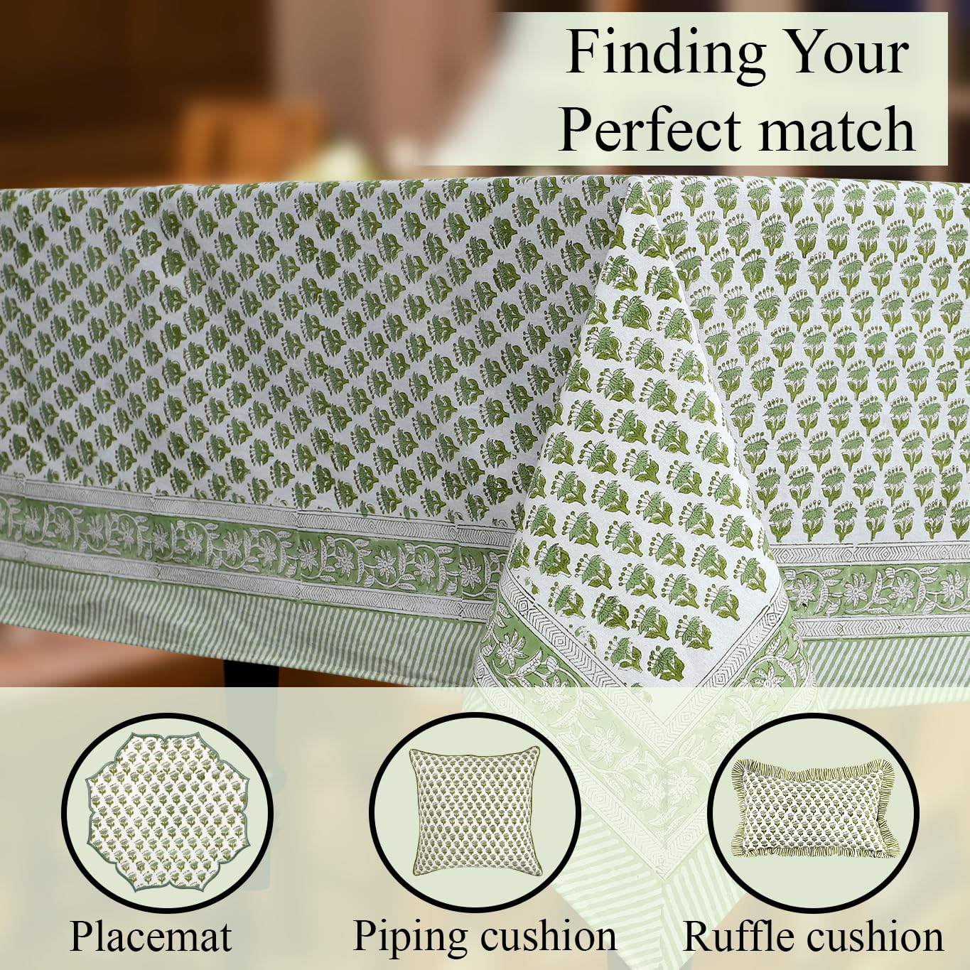 CPC Tablecloth 100% Cotton 60x60 Inch Indian Block Print Square Table Cover, Table Cloth for Weddings, Spring/Summer, Barbeque - Emerald Green