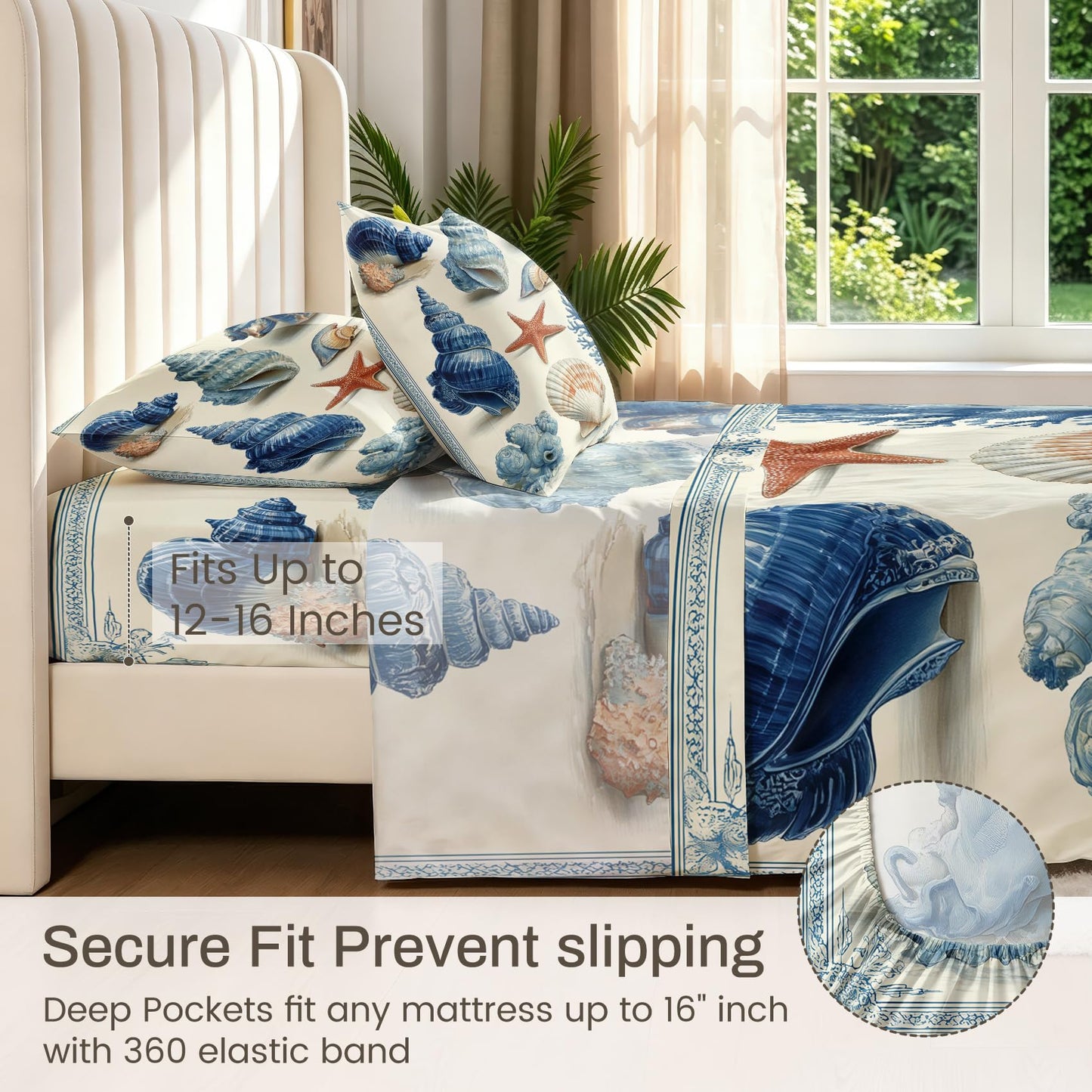 Seashell Bedding Set 4 Pcs Blue and White Coastal Queen Sheets