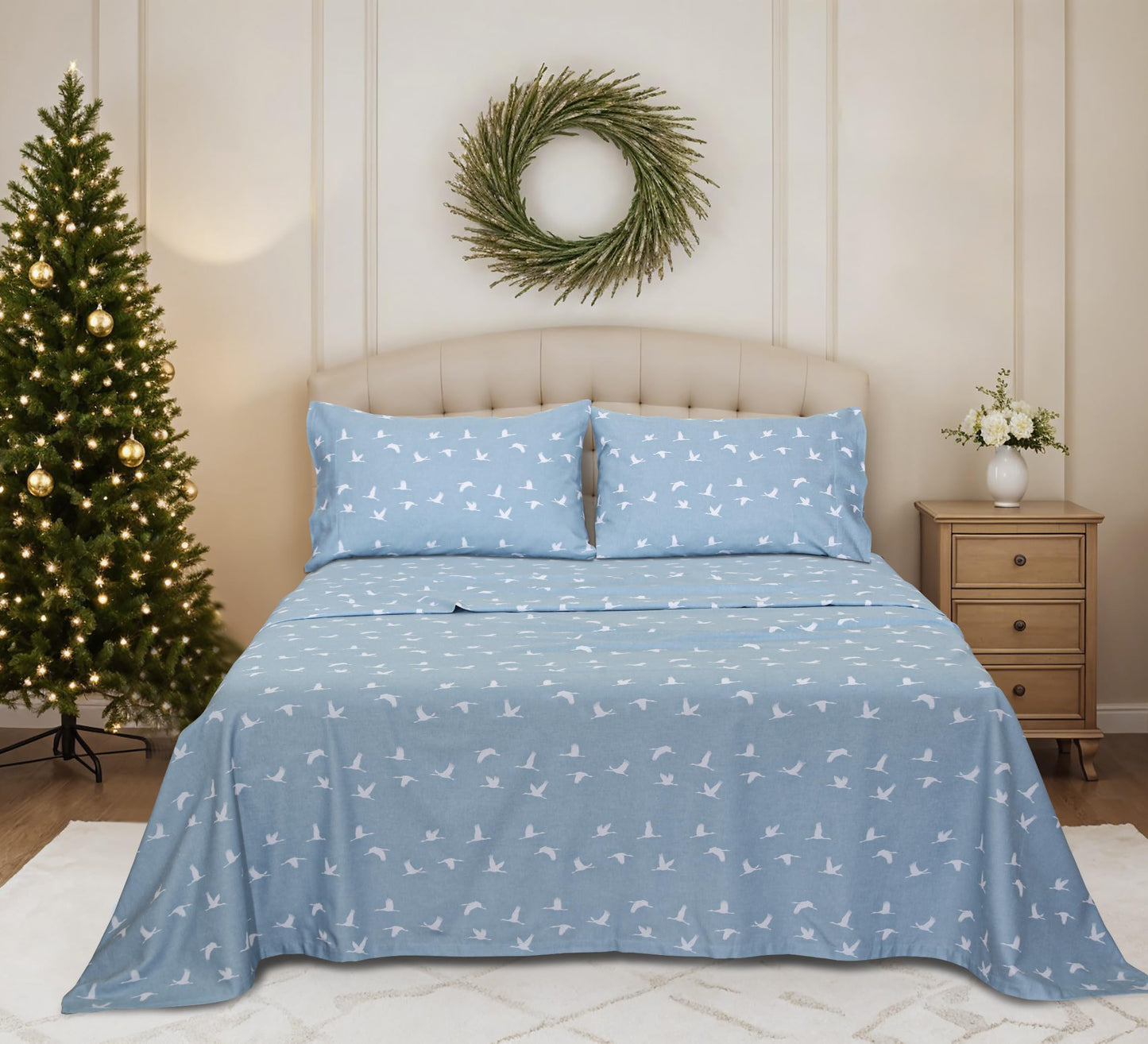 RUVANTI Flannel Sheets Queen Size - 100% Cotton Double Brushed Bed Sheets, Deep Pockets 16 Inches Queen Sheet Set, All Seasons Breathable & Extra Soft - Warm & Cozy, 4 Piece, We Fly