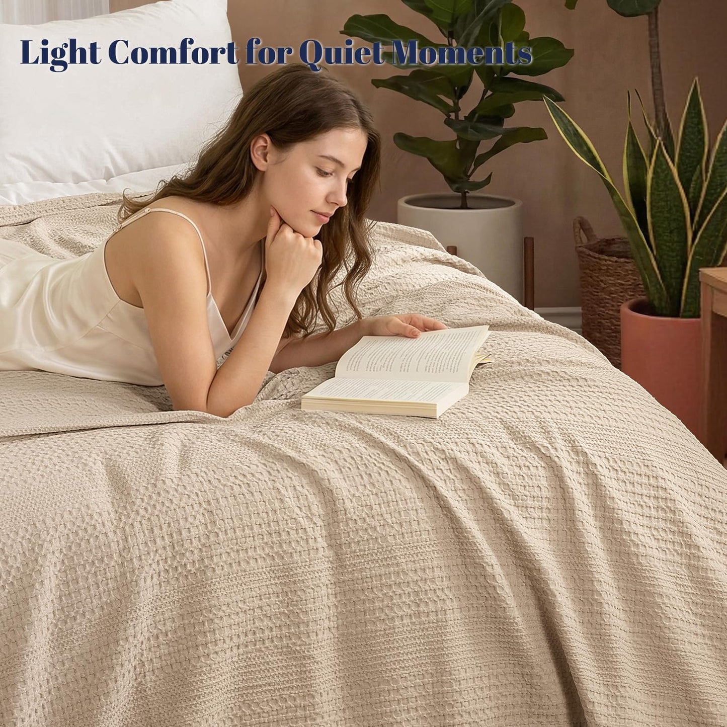 PHF Lightweight Waffle Weave Blanket Queen Size, Breathable & Ultra Soft, 90"x 90" Soft & Cozy Thin Blanket for Spring & Summer & Hot Sleepers, Bed, Home Decor - Light Tan