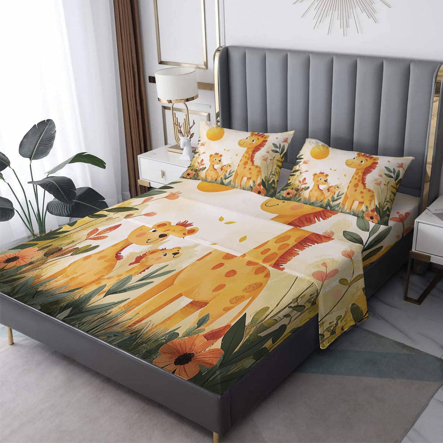 NOGAWA Giraffe Sheets Queen, Forest Animal Bed Sheets, Deep Pocket & Soft Microfiber Bedding Sheets & Pillowcases 4 Piece - Fitted Sheet & Flat Sheet & 2 Pillow Cases