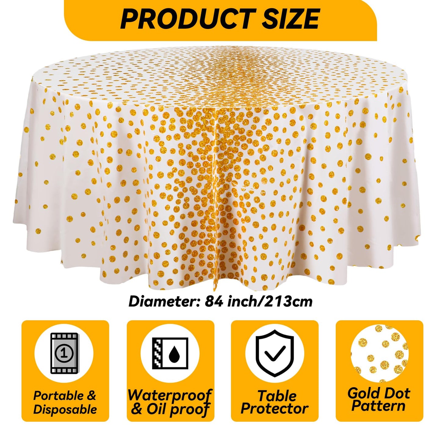 VitalCozy Round Dot Tablecloth 84 Inch Plastic Table Cover Polka Dot Confetti Tablecloths for Easter 2026 Graduation Prom Wedding Birthday Spring Party Supplies(White and Gold,3 Pcs)