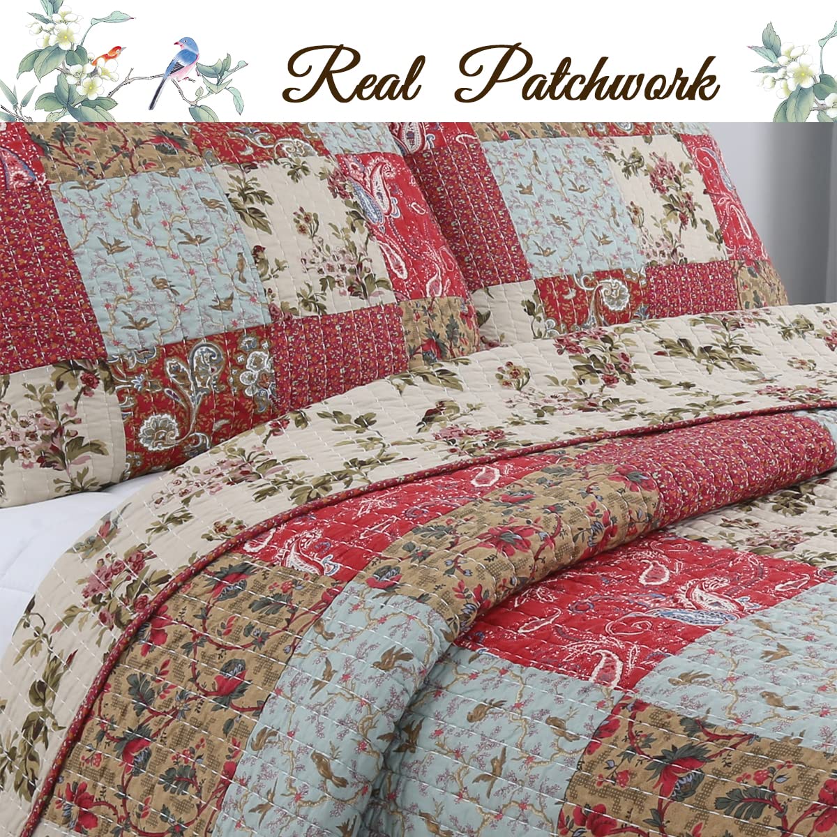 Cozy Line Home Fashions 100% Cotton Hand Piecing Real Patchwork Red Teal Khaki Floral Country Reversible Coverlet Bedspread Quilt Bedding Set for All Seasons (Red Aqua, King - 3 piece)