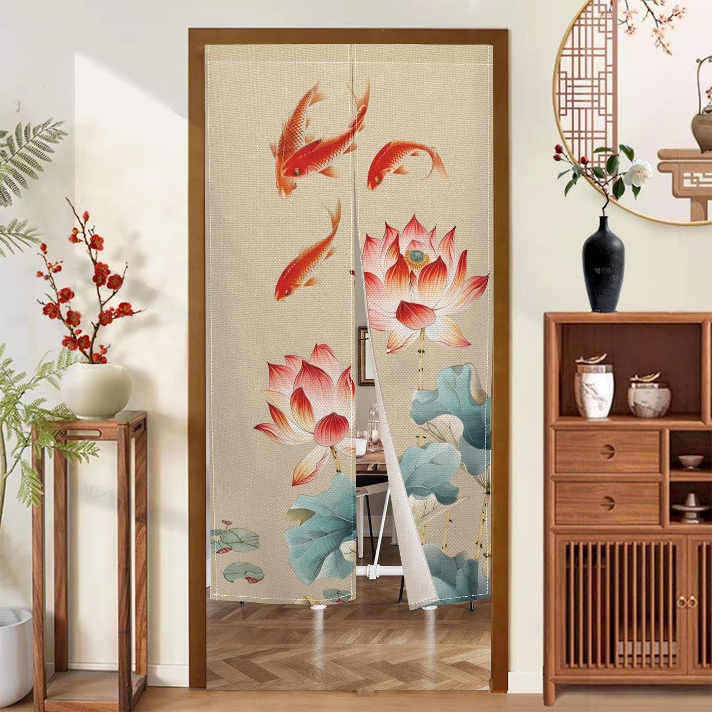 Leowefowa Long Chinese Ink Painting Doorway Curtain Japanese Noren Lotus Kio Fish Door Curtains Tapestry Feng Shui Window Treatment Hanging Room Privacy Divider Kitchen Home Asian Decor, 33.5"x 70.9"