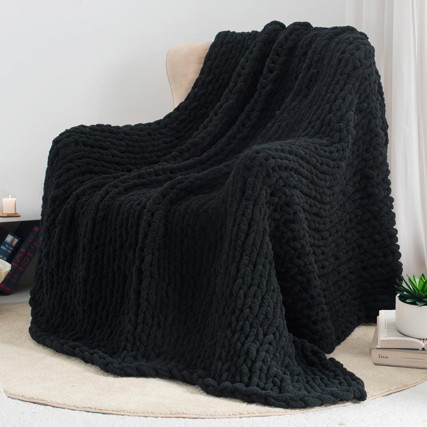 LONG CREATE Chunky Knit Throw Blanket 50"X 60", 100% Handmade with Soft Chenille Yarn, 4.4lbs Thick Cable Knitted Blankets, Large Rope Knot Crochet Throws for Couch Sofa Bed Home Decor, Black