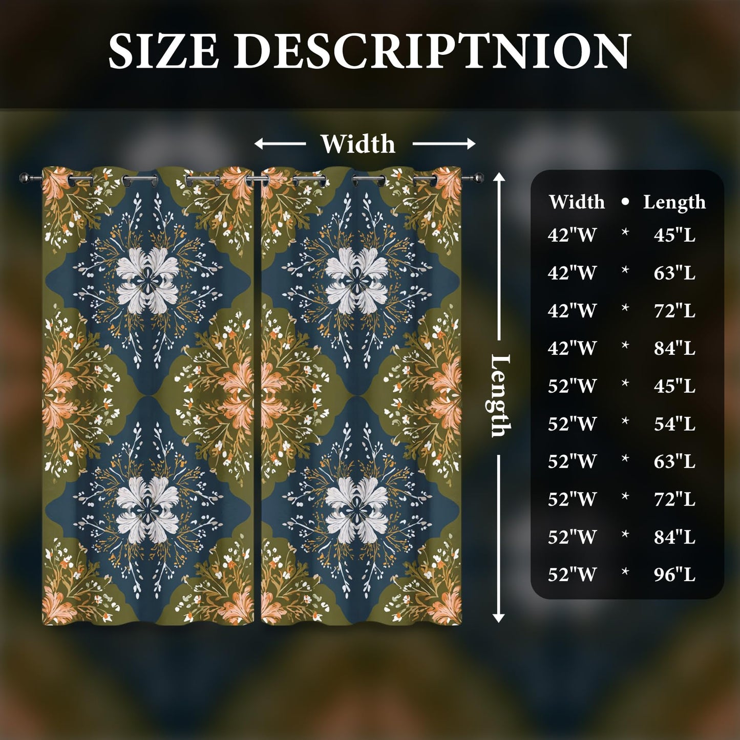 Vintage Floral Blackout Curtains for Bedroom 63 inch Long