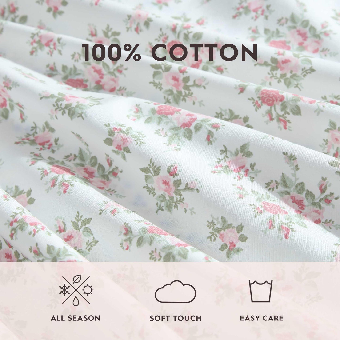 Laura Ashley – Twin Size Sheet Set, Crisp & Lightweight Cotton Percale Bedding with Fitted Sheet and Pillowcase, Floral Room Decor, Deep Pocket, College Dorm Room Essentials (Leanna Rose Pink)