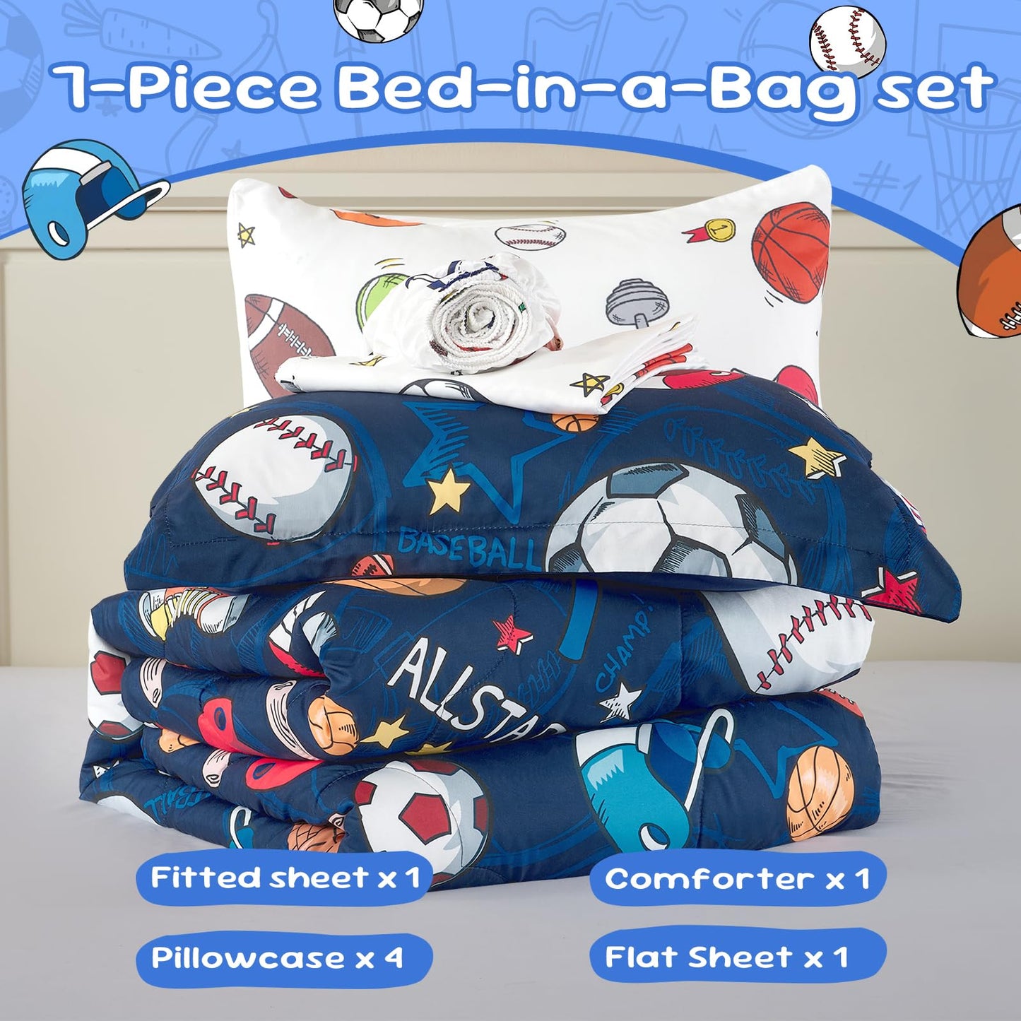Jameswish 7 Pieces Sports Comforter Set for Boys Kids Soft Fluffy Baseball Bedding Set Twin Size with 3D Soccer Basketball Football Design Bed in A Bag as Gifts