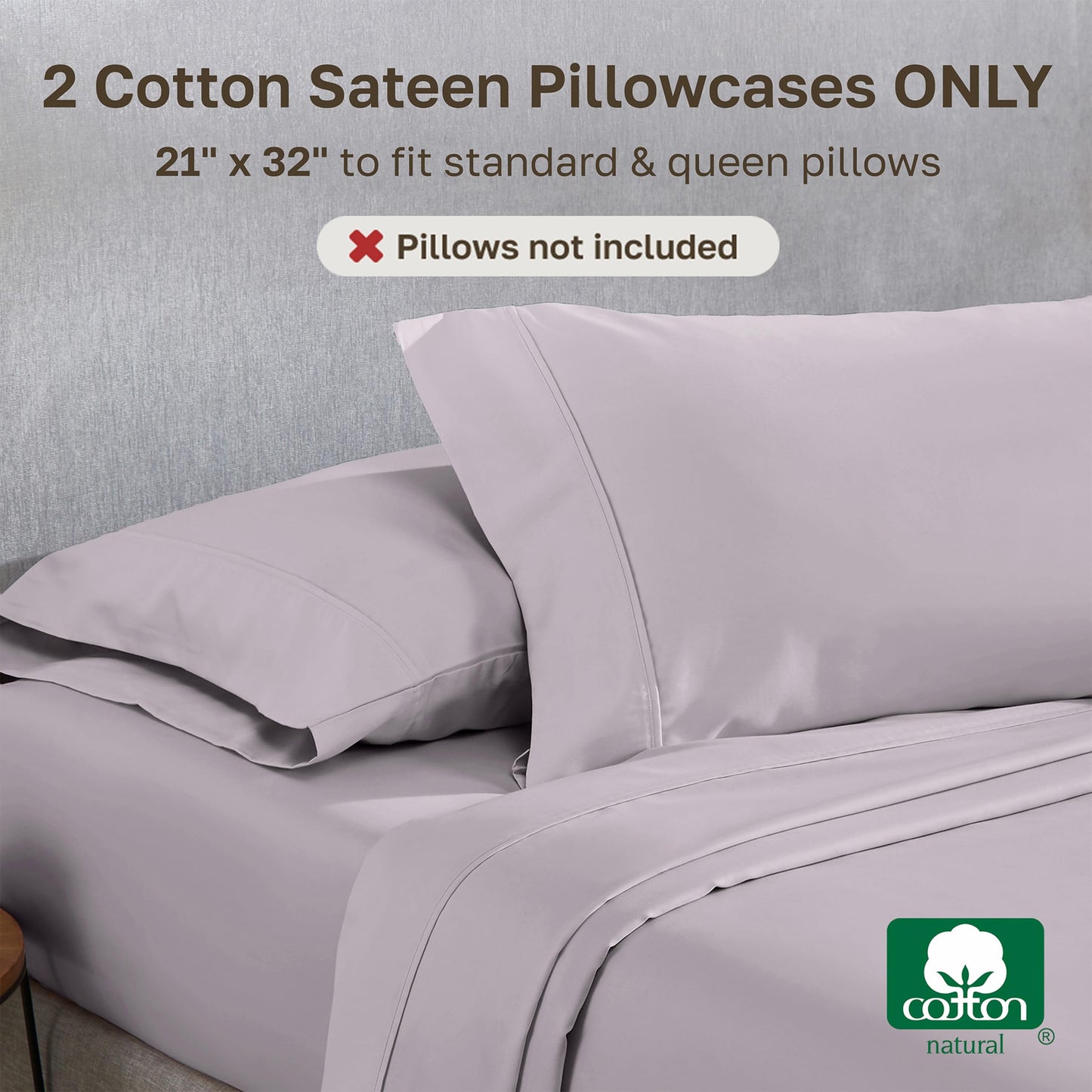 California Design Den Standard Queen Size Pillowcase Set - 400 Thread Count, 100% Cotton Sateen, Set of 2 Pillow Covers, Soft and Breathable - Dusky Lavender Grey