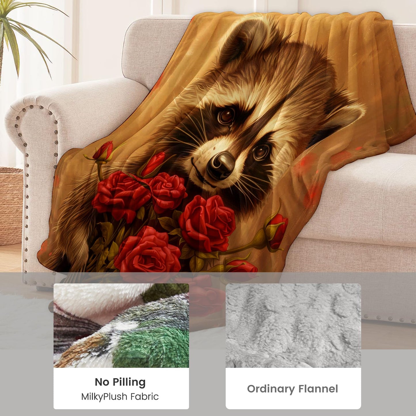 cromcu Raccoon Blanket for Kids and Adults, Holding a Bouquet of Rose, Flannel Throw Blankets, Lightweight Warm Soft for Sofa Couch Bed Romantic Decor Gifts, Single-Sided Printing, 50x60 Inches