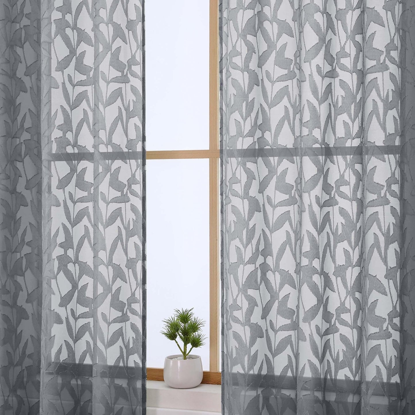 OWENIE Leyna Charcoal Gray Sheer Curtains 84 Inches Long for Living Room Bedroom 2 Panels Set, Modern Clip Jacquard Leaves Textured Light Filtering Curtains, Double Rod Pockets Drapes, 40Wx84L Inch