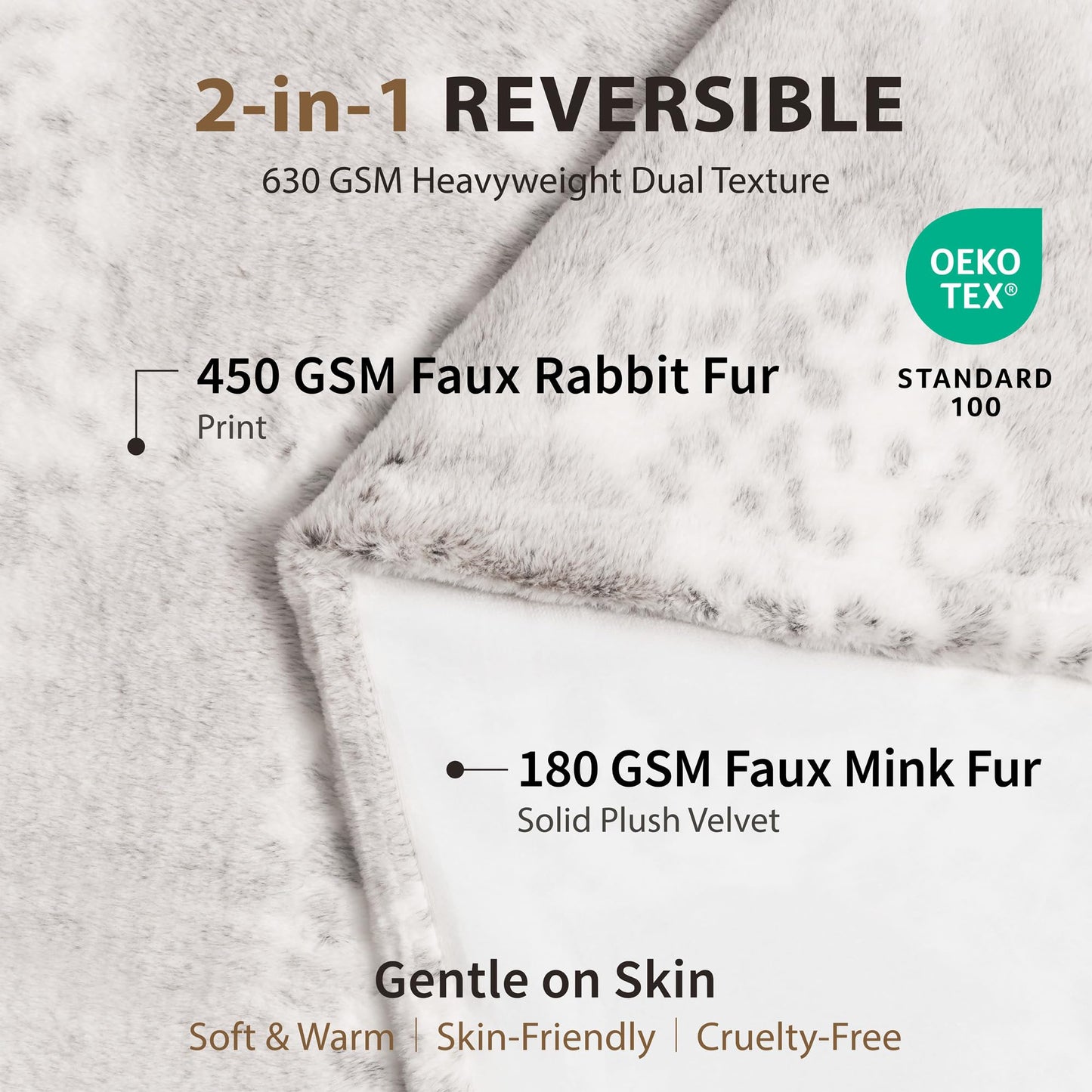 DEZ FURNISHINGS Reversible Faux Rabbit & Mink Fur Throw Blanket, Ultra Soft, Cozy & Dual-Sided, 50" x 60", Snow Taupe