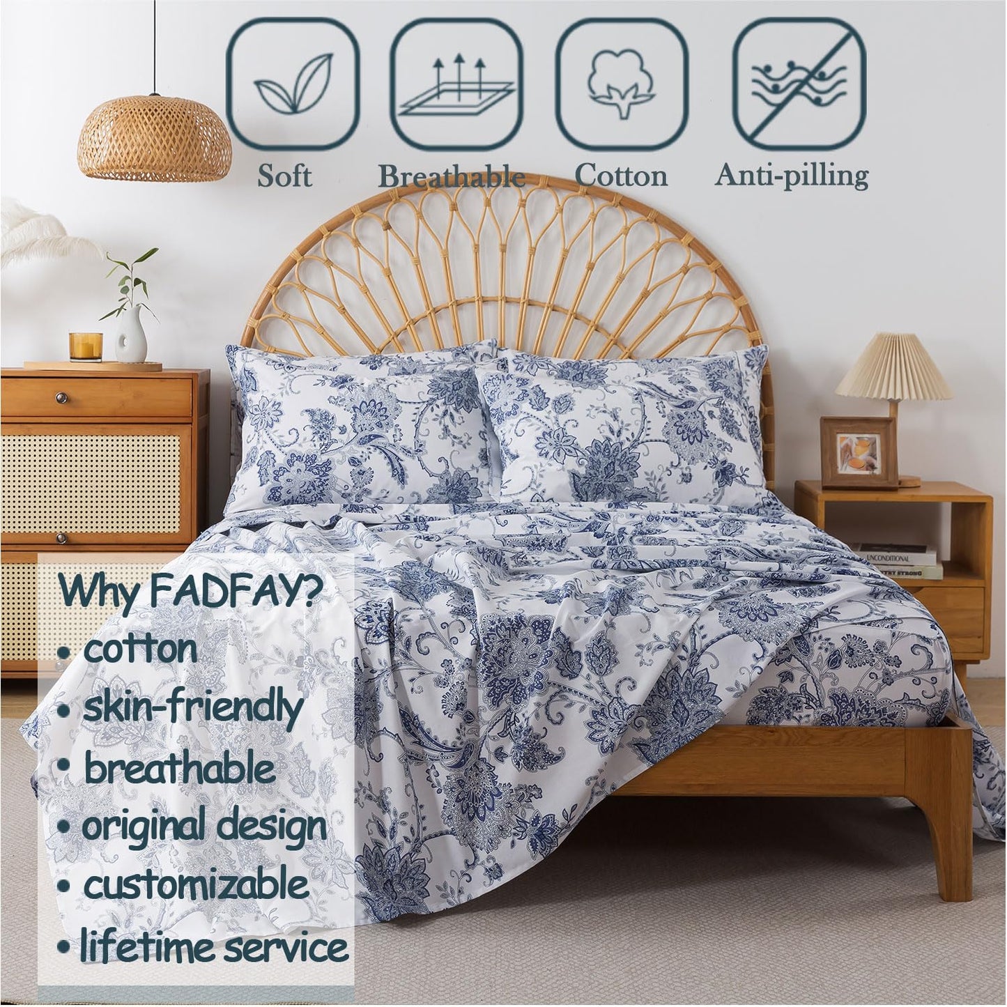 FADFAY Queen Sheets Set Percale Cotton Floral Bed Sheets Deep Pocket Fitted Sheet, Luxury Blue Floral Pattern Classic European Style Bedding for All Season, Super Soft Crisp & Breathe,4Pcs
