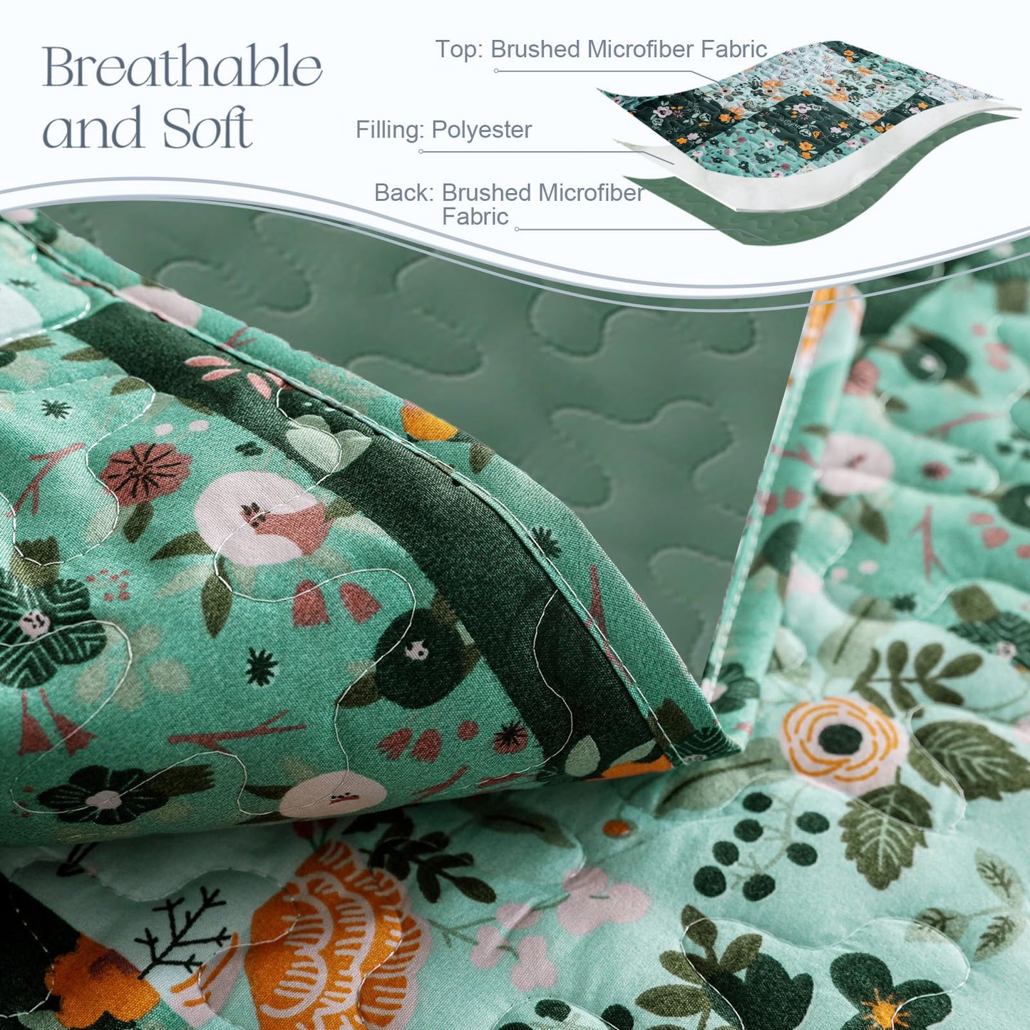 Exclusivo Mezcla Reversible Boho Quilts Queen Size, Green Soft Bedspreads Lightweight Coverlet All Season Patchwork Quilt Bedding Set with Printed Floral Pattern (1 Quilt, 2 Pillow Shams)