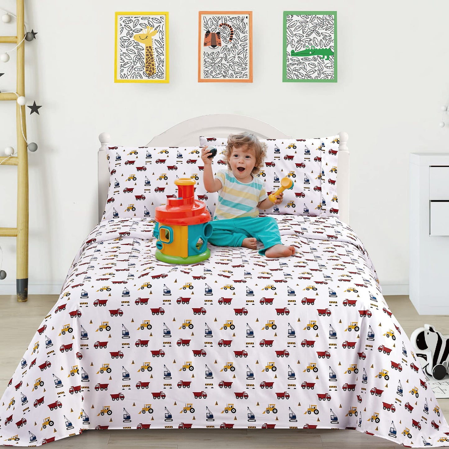 Softan Bed Linen Set for Kids, Twin Size, 3Pcs, Microfiber, Trucks Design, Deep Pocket