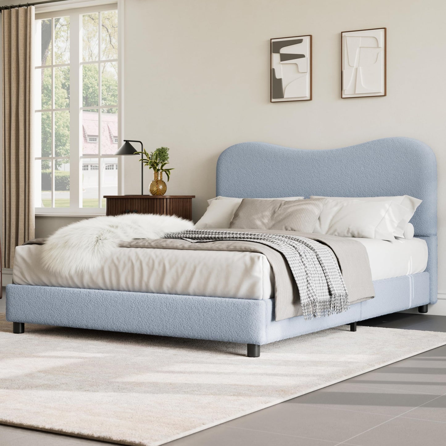 GarveeHome Boucle Full Size Bed Frame with Upholstered Headboard, Soft Low Profile Sturdy Platform Bed with Rounded Corners Design, Heavy Duty, Wooden Slats, Noise Free, No Box Spring Needed, Blue