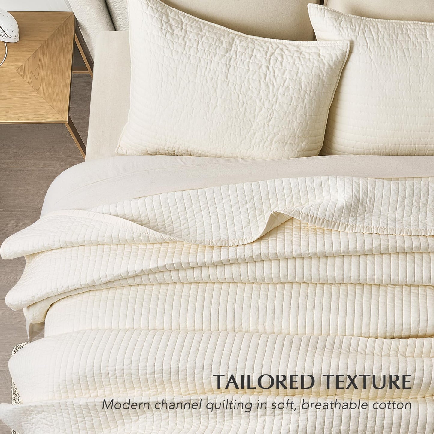 EVERGRACEHOME Cotton Sateen Quilt Set Queen Size, Pre-Washed Cotton Channel Stitch Coverlet Bedspread, 3 Pieces Lightweight Soft Bedding Sets for All Season, with 2 Pillow Shams, Cream