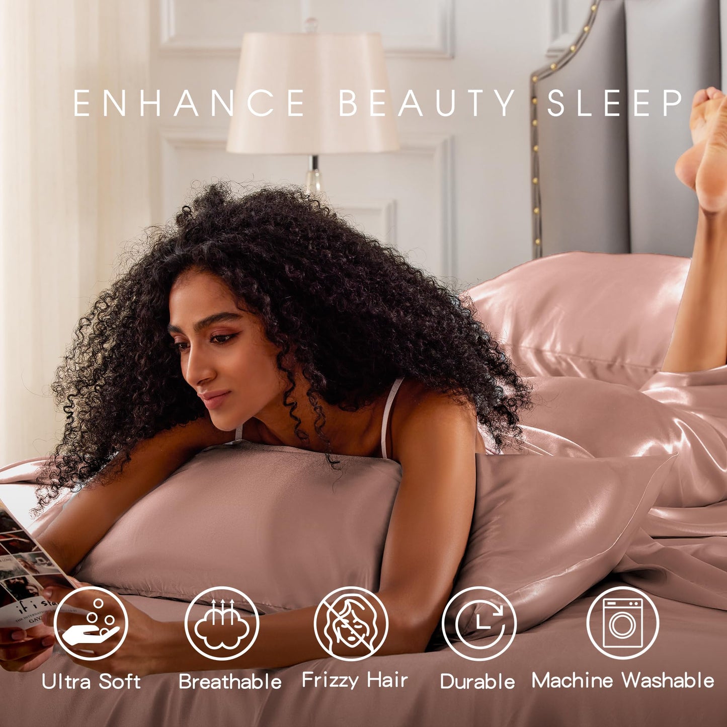 FreshCulture Satin Sheets King Size - 4 Piece Luxury Soft Silky Sheets for Hair and Skin, Similar to Silk Bed Sheet Set with 1 Deep Pocket Fitted Sheet, 1 Flat Sheet & 2 Pillowcases (Blush)