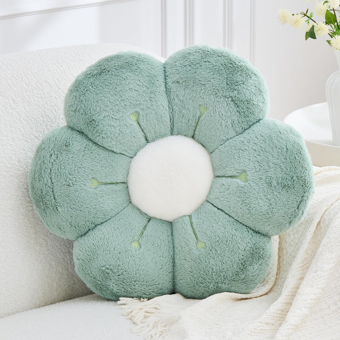 VBGYA Flower Pillow Cute Flower Shaped Pillows Decorative Throw Pillows Aesthetic Home Decor Floral Daisy Cushion for Bed (Sage Green, 14.9 Inch)