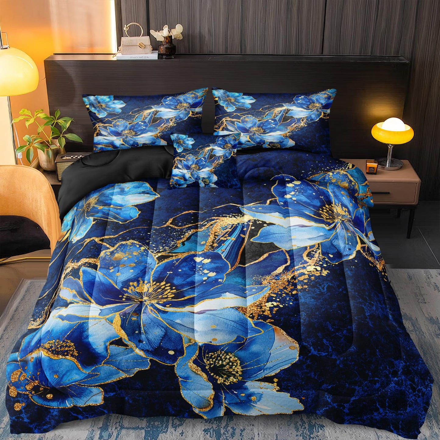Bedorm Blue Marble Comforter Set Queen Floral Bedding Set Blue and Black Marble Stone Natural Texture Abstract Bedroom Comforter Set with Marble Pillowcases