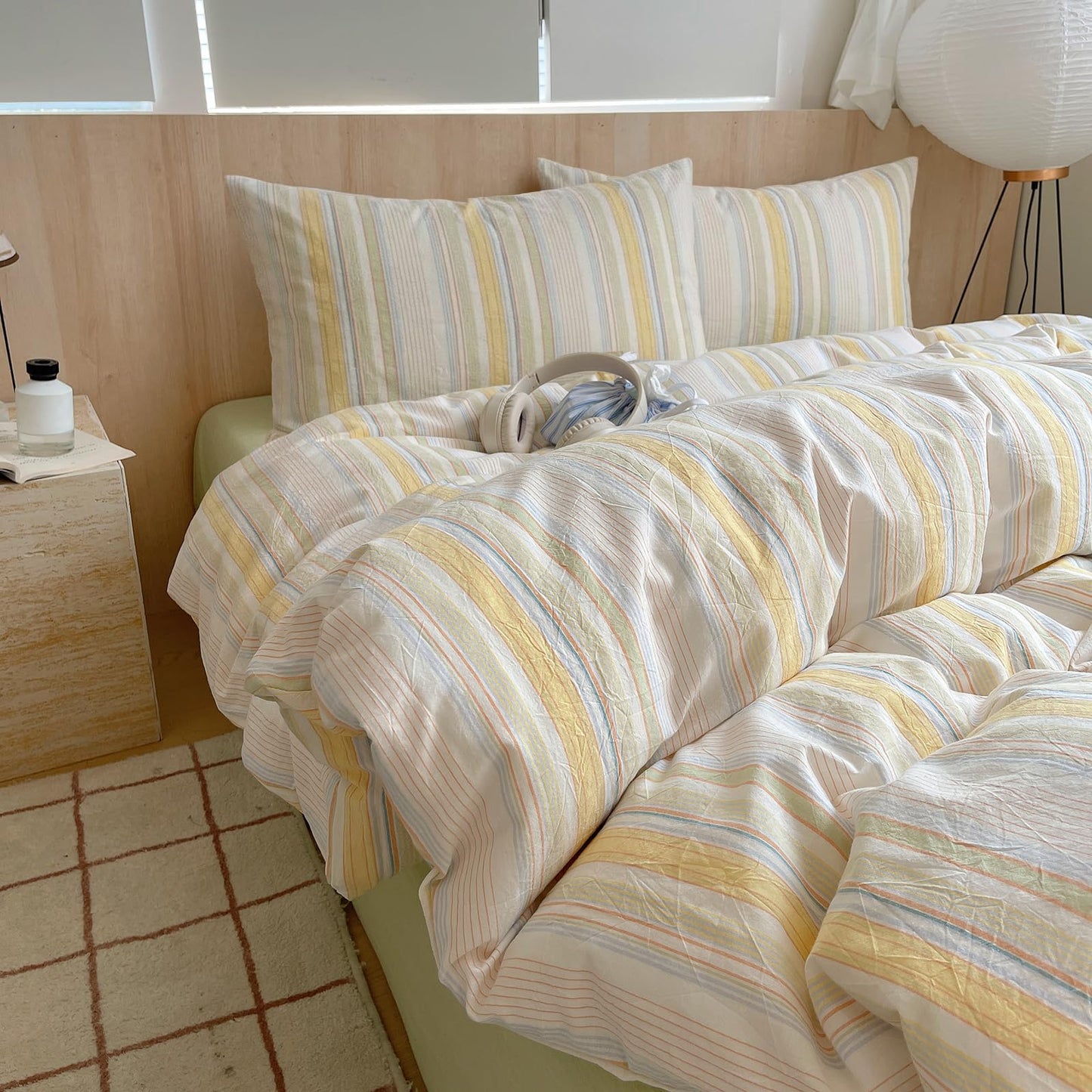 EAVD Retro Striped Duvet Cover Queen Soft Washed Cotton Colorful Wide Pinstriped Bedding Set with 2 Pillowcases Modern Farmhouse Geometric Pattern Duvet Cover with Zipper Closure