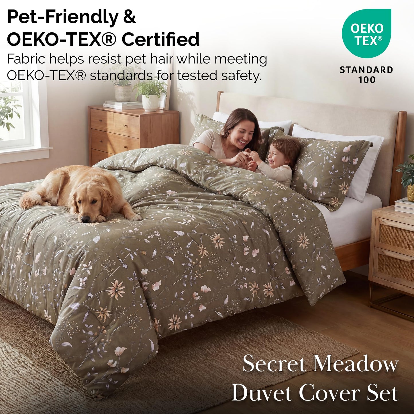 Southshore Fine Living, Inc. Oversized Floral Cal King Duvet Cover Set, Oversized Boho Brown Duvet Cover King, Pet Hair Resistant Bedding for Easy Care, 2 Pillow Shams - Secret Meadow Olive-Brown