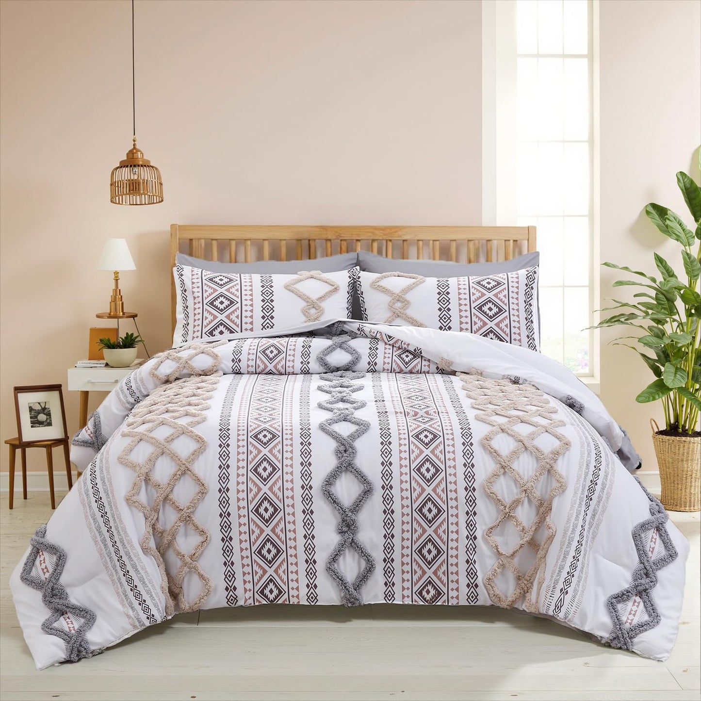MOVE OVER Tufted Bed in A Bag Queen Size Gray and Cream Tufted Comforter Set 7 Pcs Diamond Grid and Boho Aztec Pattern Bedding Set Aesthetic Farmhosue Bedding Set for All Season