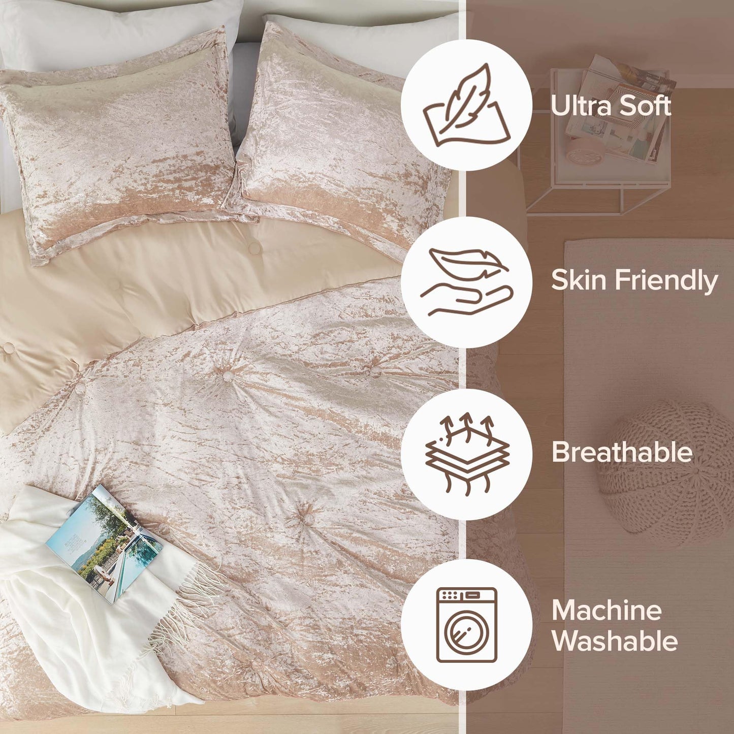 Comfort Spaces Luxe Queen Comforter Set Velvet Comforters for Queen Size Bed, Microfiber Reverse, Juliette, All Season Velvet Bedding Queen Size, Fluffy Bed Set, Sham, Full/Queen, Champagne 3 Piece