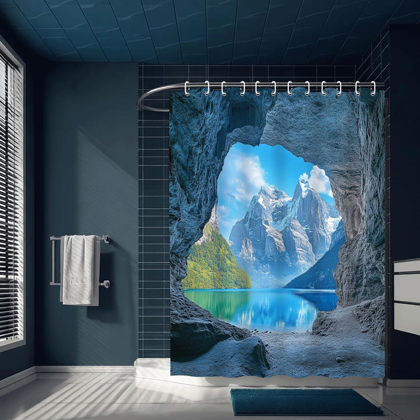 ZROLUW Snow Mountain Lake Shower Curtain Waterproof Soft Polyester Fabric 72" W x 84" L Rock Cave Nature Landscape Shower Curtains with Grommets Bathroom Accessories Decor