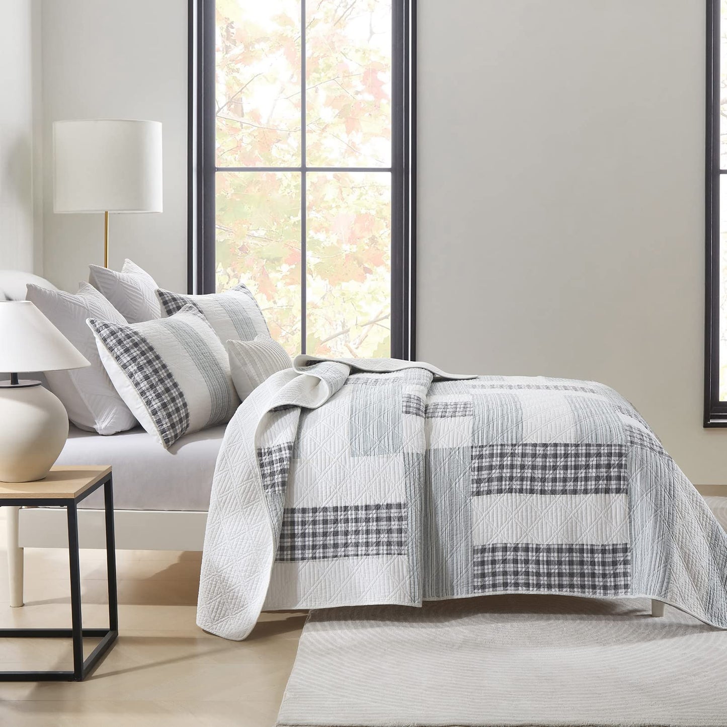 Finlonte Quilt King Size 100% Cotton Lightweight Soft King Quilt Real Patchwork Plaid Quilted Bedspread Black Gray White Quilt Bedding Set 3 Pieces