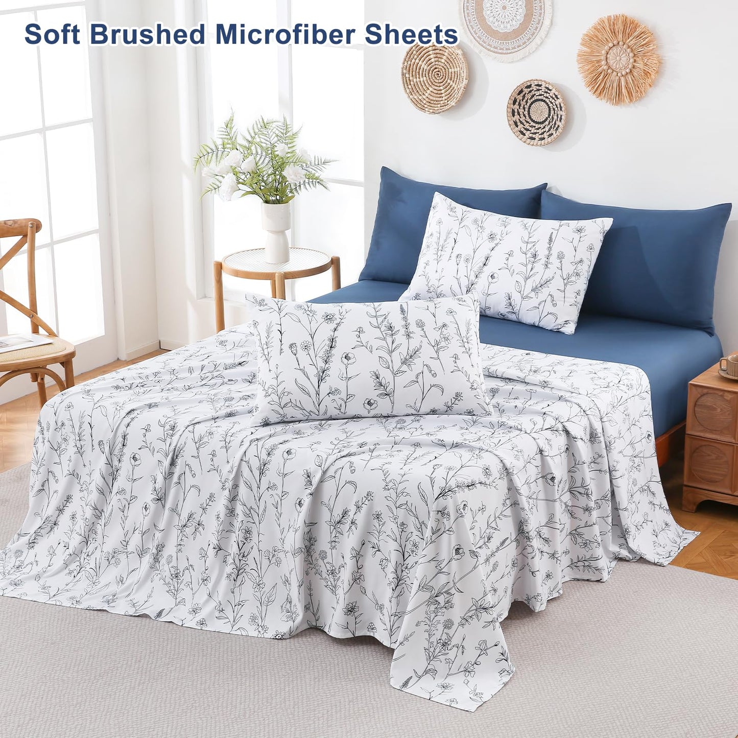 Swiftify Botanical Full Size Sheets Set 6-Piece, Boho Floral Brushed Microfiber Sheets, Cooling Bed Sheet Set, Soft & Breathable, 16' Deep Pocket Fitted Sheet & Pillowcase Set, Sketch Meadow