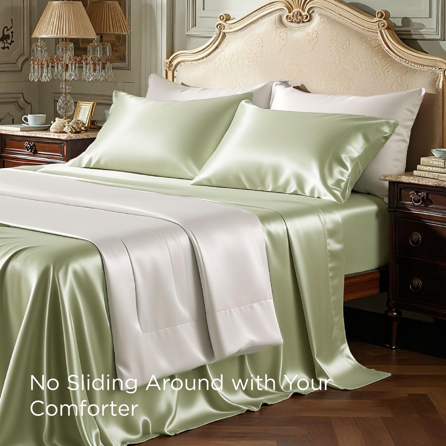 Bedsure Satin Sheets Full Size - 4 Piece Silky Bedsheets with 15 Inches Deep Pocket Fitted Bedsheet,1 Flat Sheet, 2 Satin Pillowcases, Good for Hair & Skin (Full, Light Green)