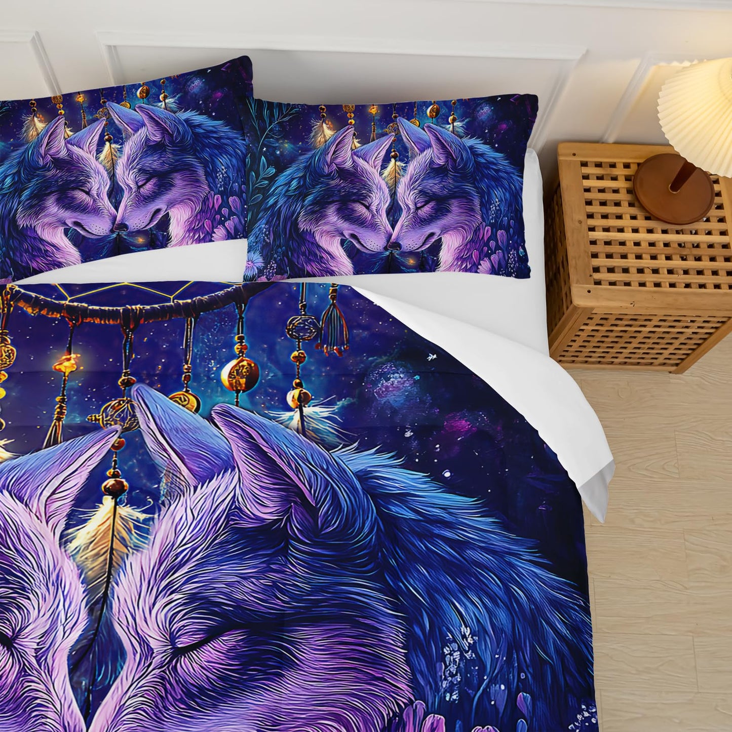 lneffble Purple Wolf Bedding Comforter Set Full Size，Dreamcatcher Flower Quilt Bedding Set Full，with 1 Comforter with 2 Pillow Case，Wolf Bedroom Decor for Kids Girls Boy
