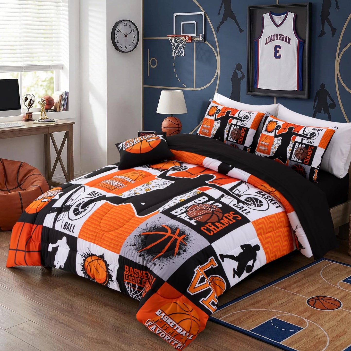 A Nice Night Sports Geometric Grid Baseketabll Patchwork Baskeball Printed for Boys Twin 6Pcs Bed in A Bag Comforter Bedding Set, Orange