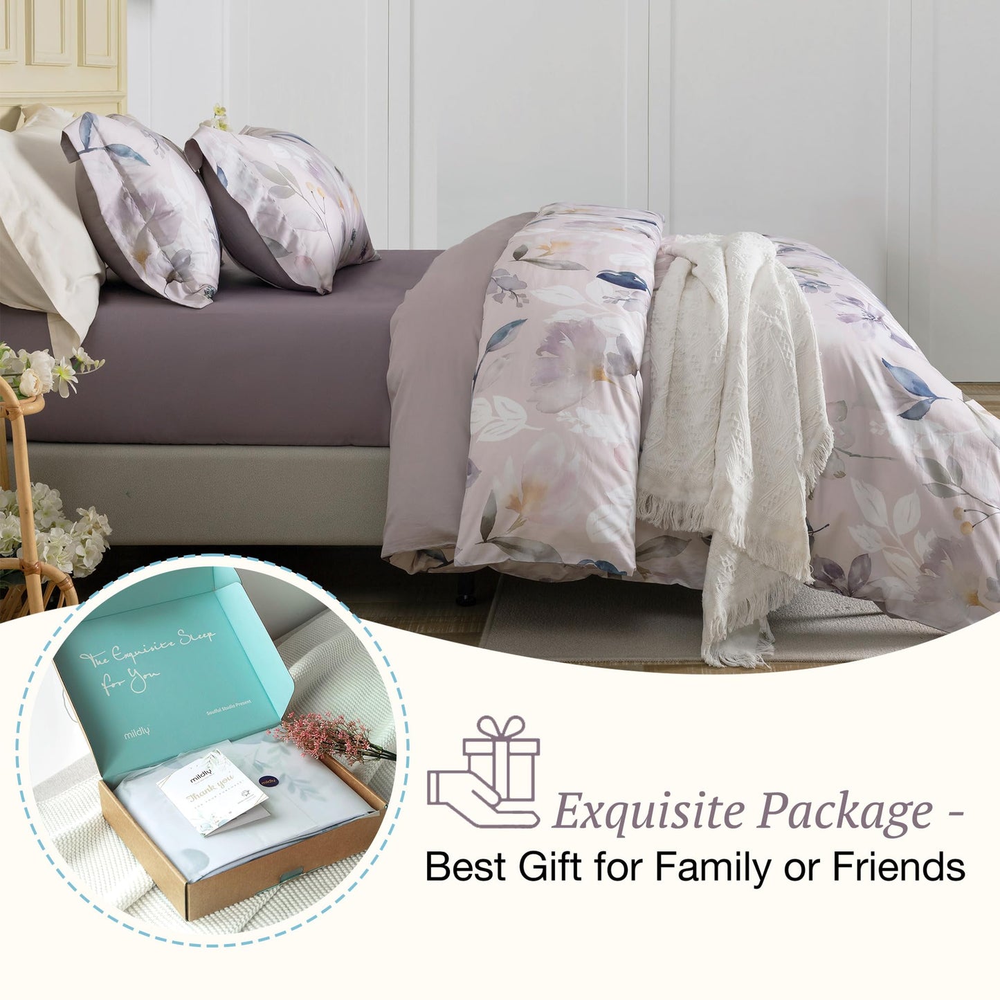 MILDLY 100% Long-Staple Cotton Duvet Cover Set Light Gray Pink Floral Leaf Pattern Printed Comforter Cover 3pcs, Ultra Soft & Breathable Bedding Set