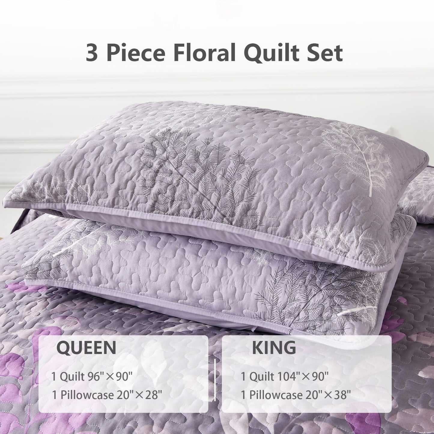 WONGS BEDDING Purple Floral Quilt Set Queen Size, 3 Pieces Botancal Leaves Bedspread Coverlet Set with 2 Pillowcases for All Season, Soft Microfiber Floral Bedding Set 96"×90"