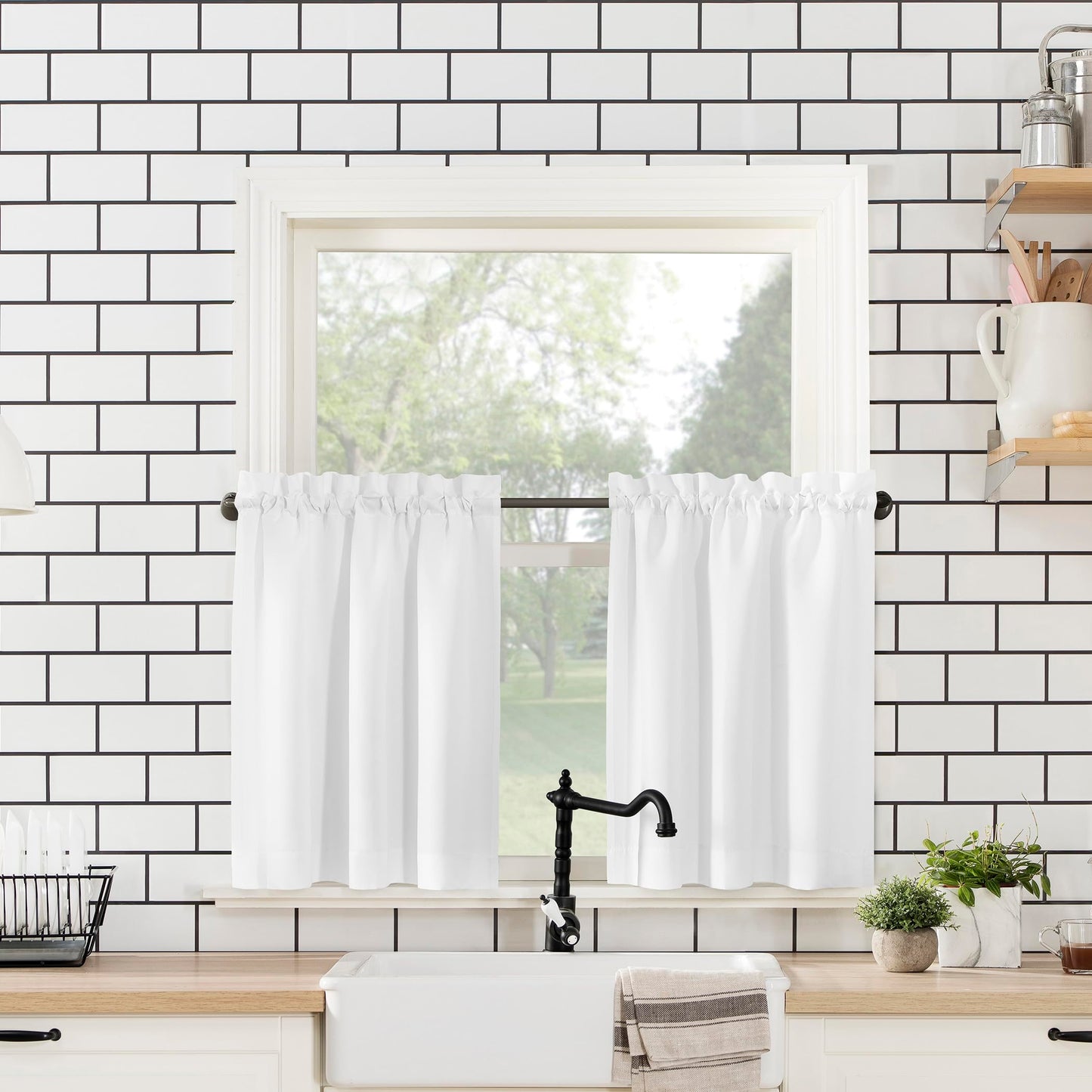 No. 918 Martine Microfiber Semi-Sheer Rod Pocket Kitchen Curtain Valance and Tiers Set, 54" x 45", White