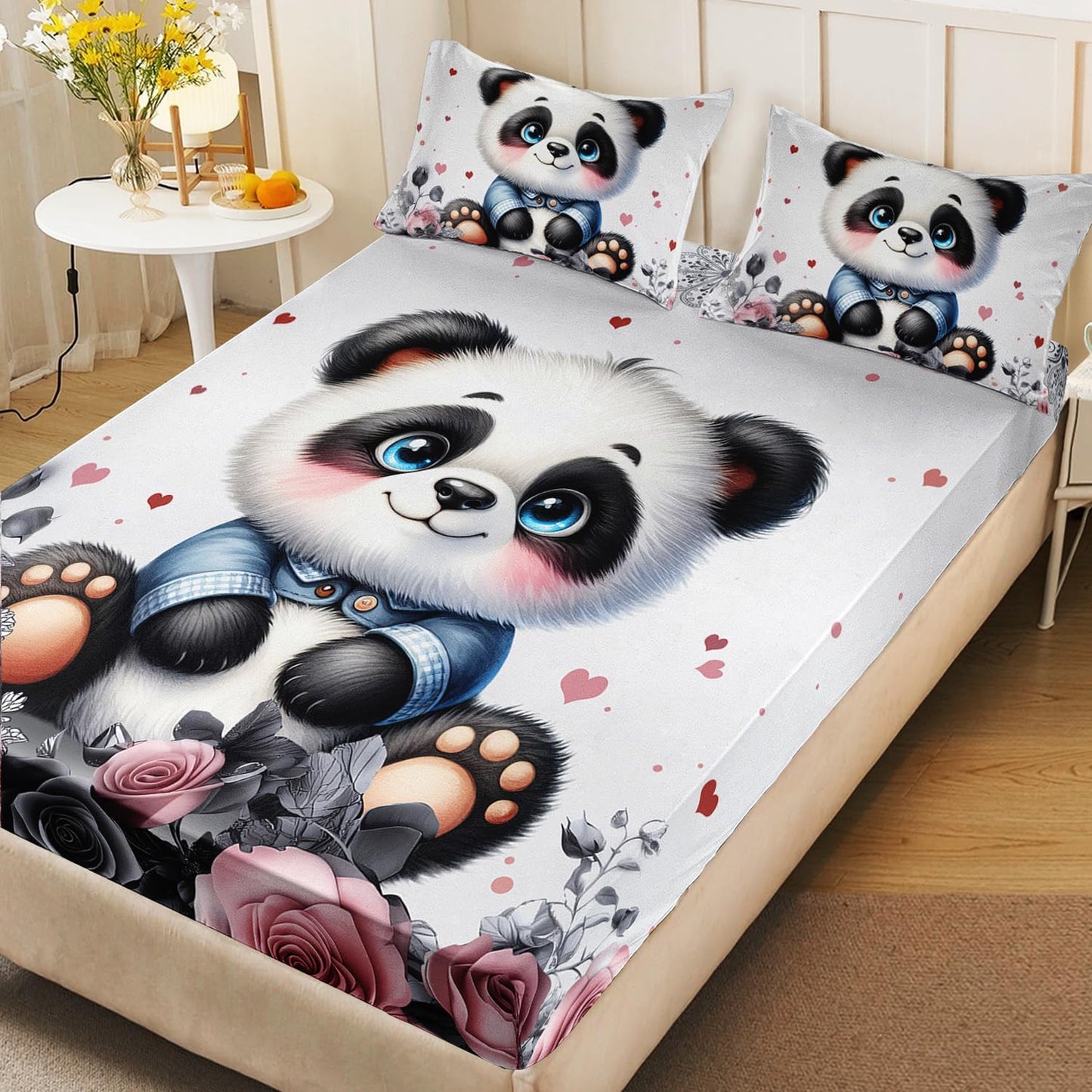 AILONEN Kawaii Panda Fitted Sheet Set Twin XL Size, Rose Flower Plant Bedding Set Perfect for Kids Girls Bedroom,Cute Cartoon Animal Print Bed Sheet Set,3-Pieces,1 Fitted Sheet + 2 Pillowcases