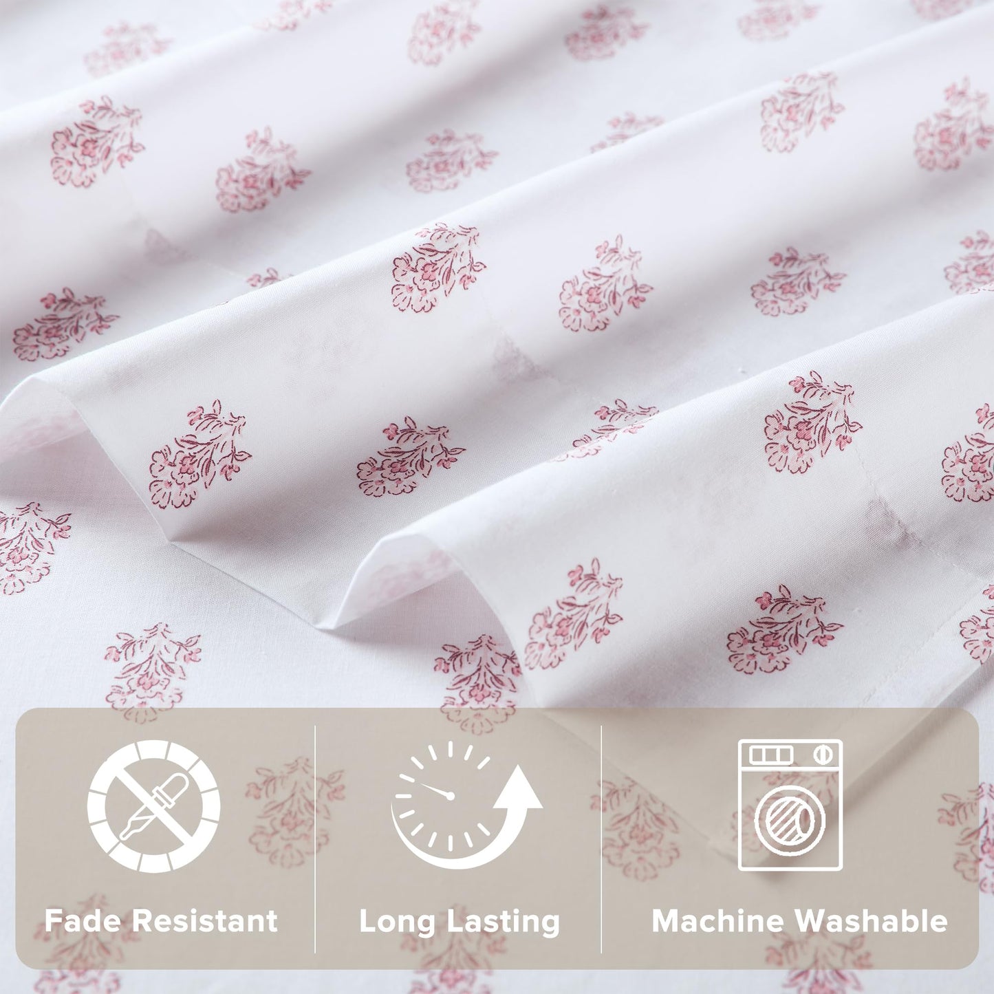 Comfort Spaces 100% Cotton Sheets Twin XL, Breathable, Naturally Cool Cotton Sheets, Soft Cotton Bed Sheets with 12" Elastic Pocket Fits up to 14" Mattress, All Seasons Sheet Set, Floral Pink 3 Piece