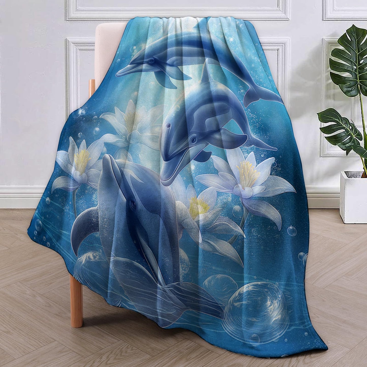 Dolphin Blanket Gifts for Women Lovers Soft Warm Lightweight Cozy Plush Blue Sea Animal Throw Blankets for Bedroom Living Room Sofa Home Decor 60"x50"
