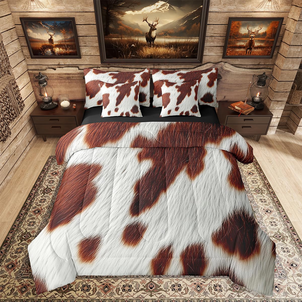 Erosebridal Cowhide Bed in A Bag Twin Size Cute Cow Print Kids Comforter Set 7 Piece Western Animal Skin Bedding Set for Boys Teens Adult Bedroom Decor Wildlife Cowboy Farmhouse Sheets