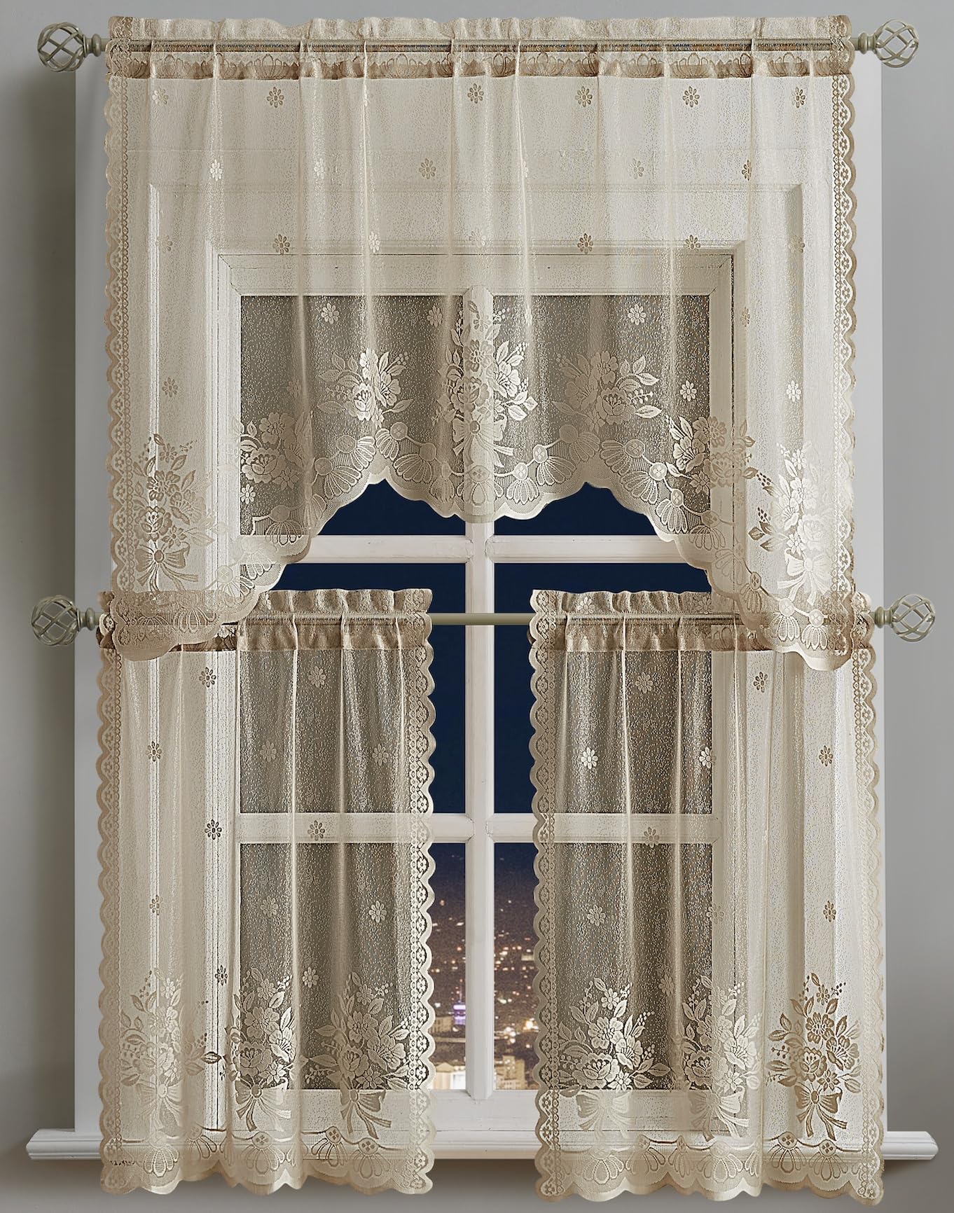 Warm Home Designs 3 Piece Gold Linen Kitchen Window Curtains Bundle Includes 2 36 Inch Tiers & Swag Valance. Roses Kitchen Curtains Set for Roses Decor. Kir Linen Set